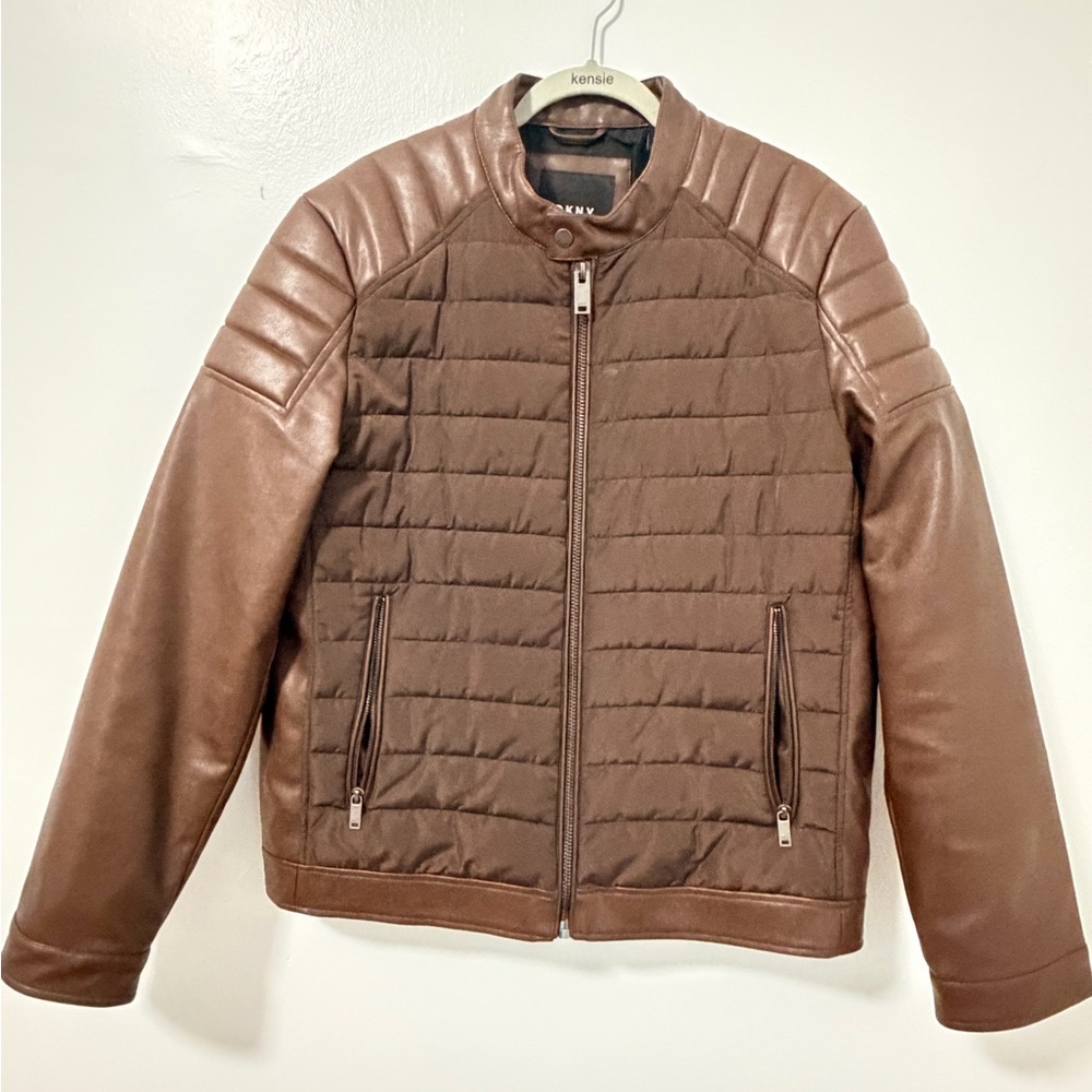 DKNY Men's Brown Quilted Puffer Leather Moto Jacket